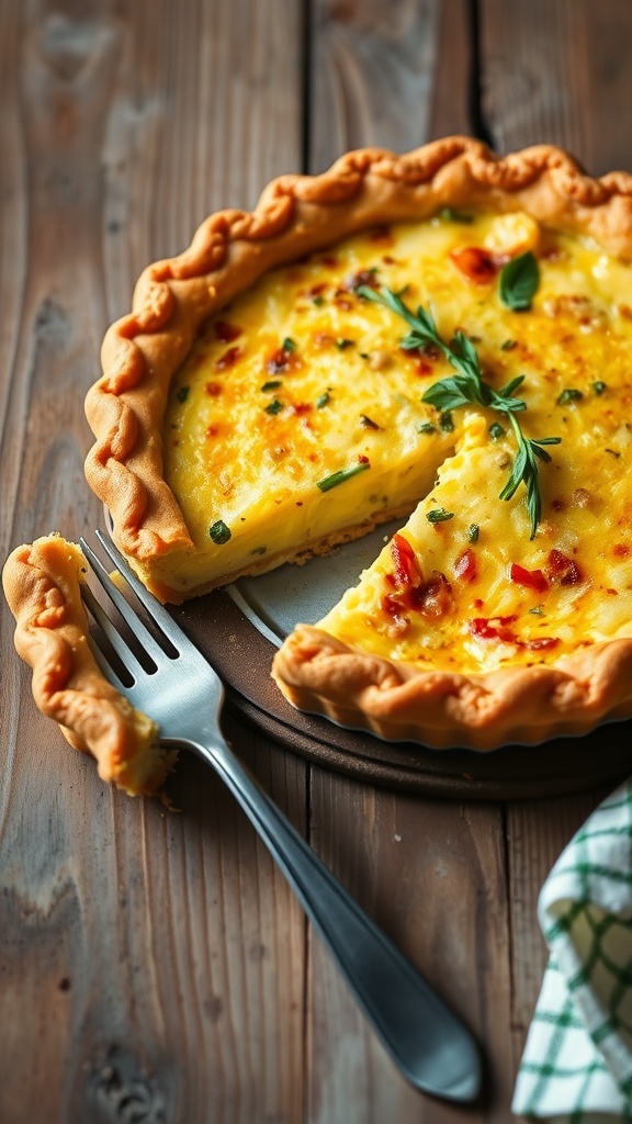 A golden-brown Gruyère quiche with a slice cut out, revealing creamy filling, on a rustic table.
